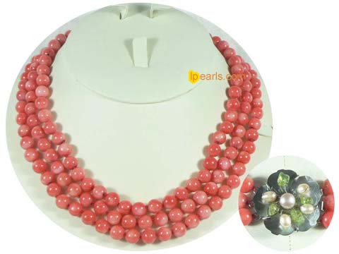 Three strands 8mm round pink coral necklace jewelry